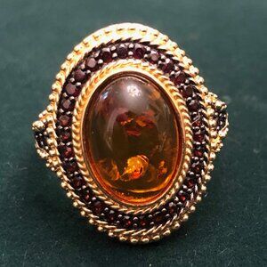 Oval Amber & Round Vermelho Garnet (TM) 18K Yellow Gold Over Silver Ring